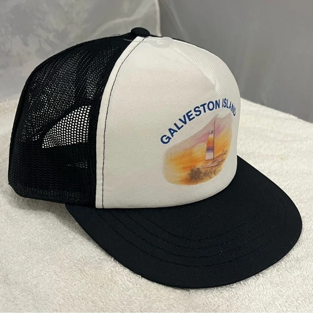 Galveston Island Art on Black & White Adjustable Snap Back Trucker Hat